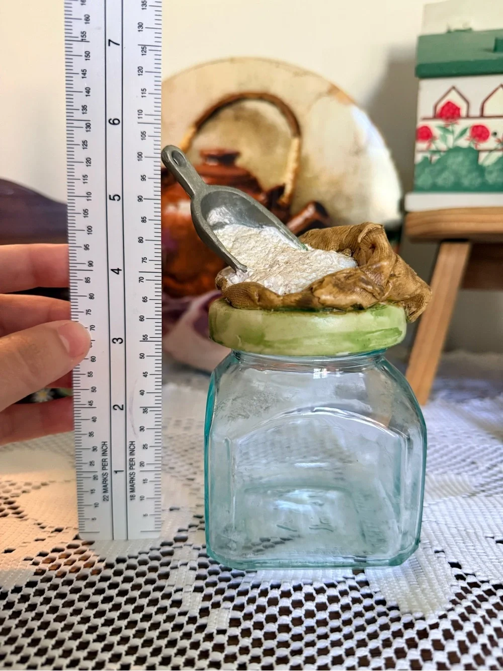 Vintage-Style Glass Canister with Green Lid and Flour Scoop